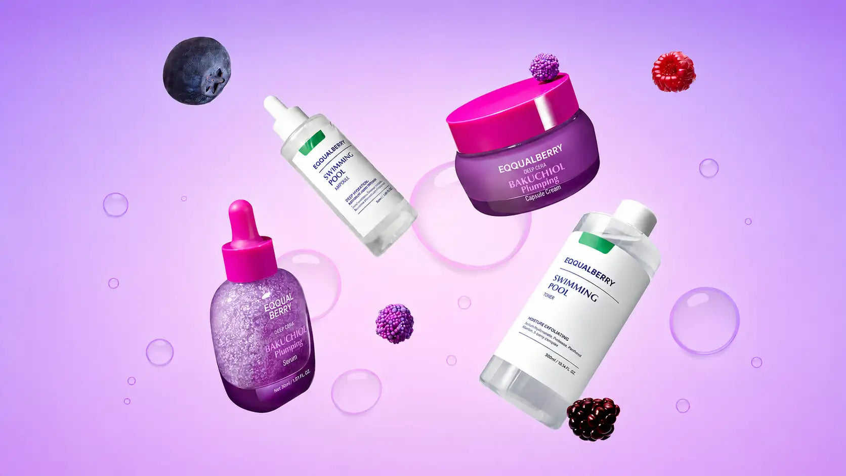 Bouteilles en verre violet et rose avec des bouchons compte-gouttes, portant le nom de marque equalberry sur des étiquettes blanches.