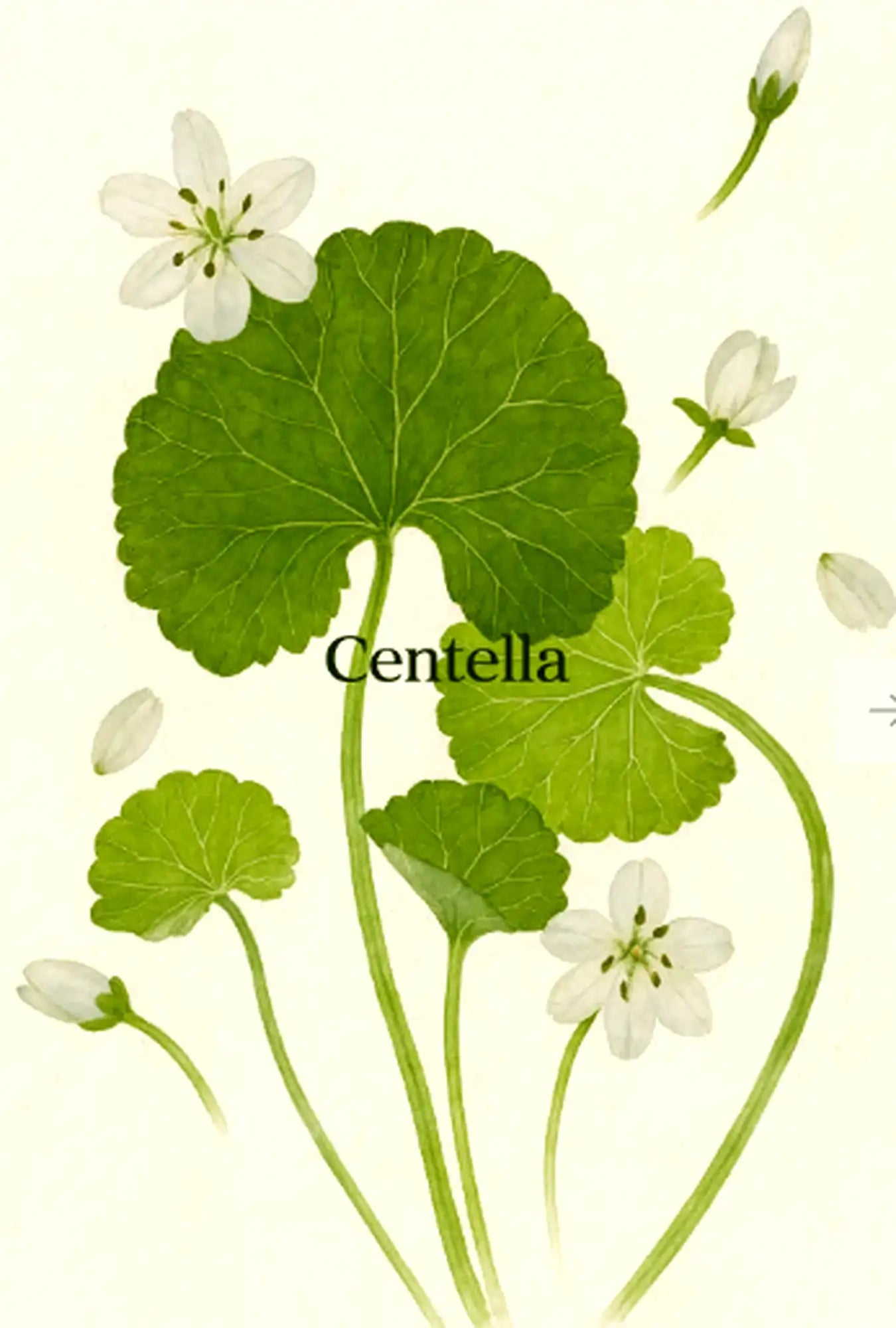 Une délicate illustration botanique de centella, avec des feuilles vert vif et rondes et de petites fleurs blanches.