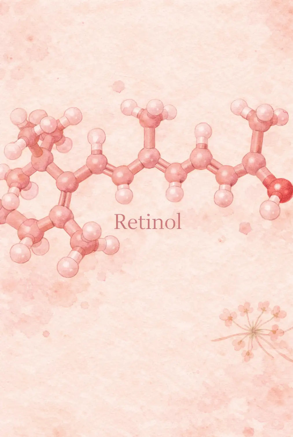 Une délicate illustration moléculaire rose de rétinol, rendue dans un style aquarelle doux avec de subtils accents floraux.
