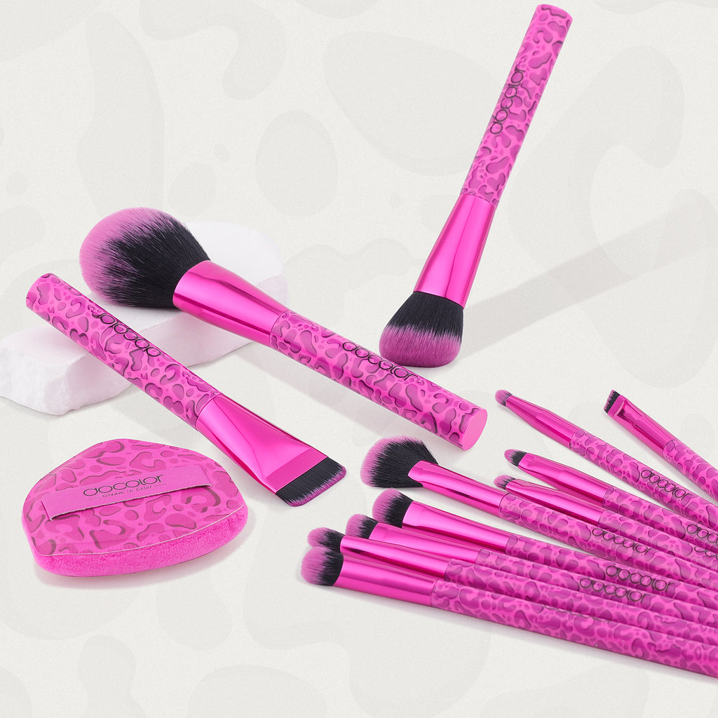 DOCOLOR - Pink Lady Set Pro Brushes de 12 Pièces + Puff