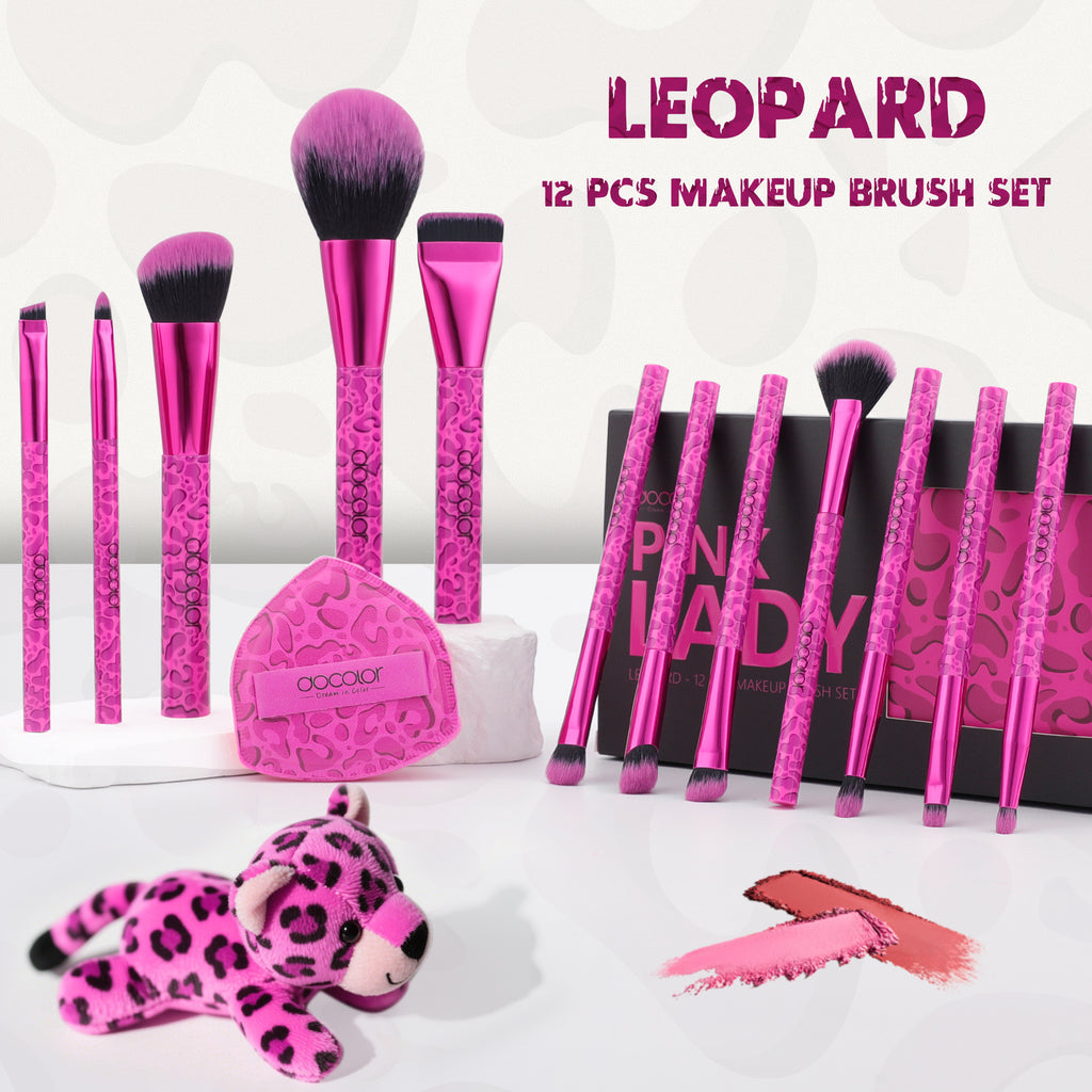 DOCOLOR - Pink Lady Set Pro Brushes de 12 Pièces + Puff