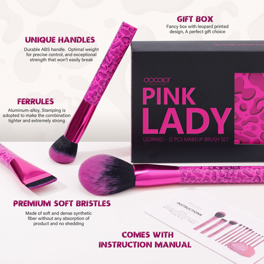 DOCOLOR - Pink Lady Set Pro Brushes de 12 Pièces + Puff