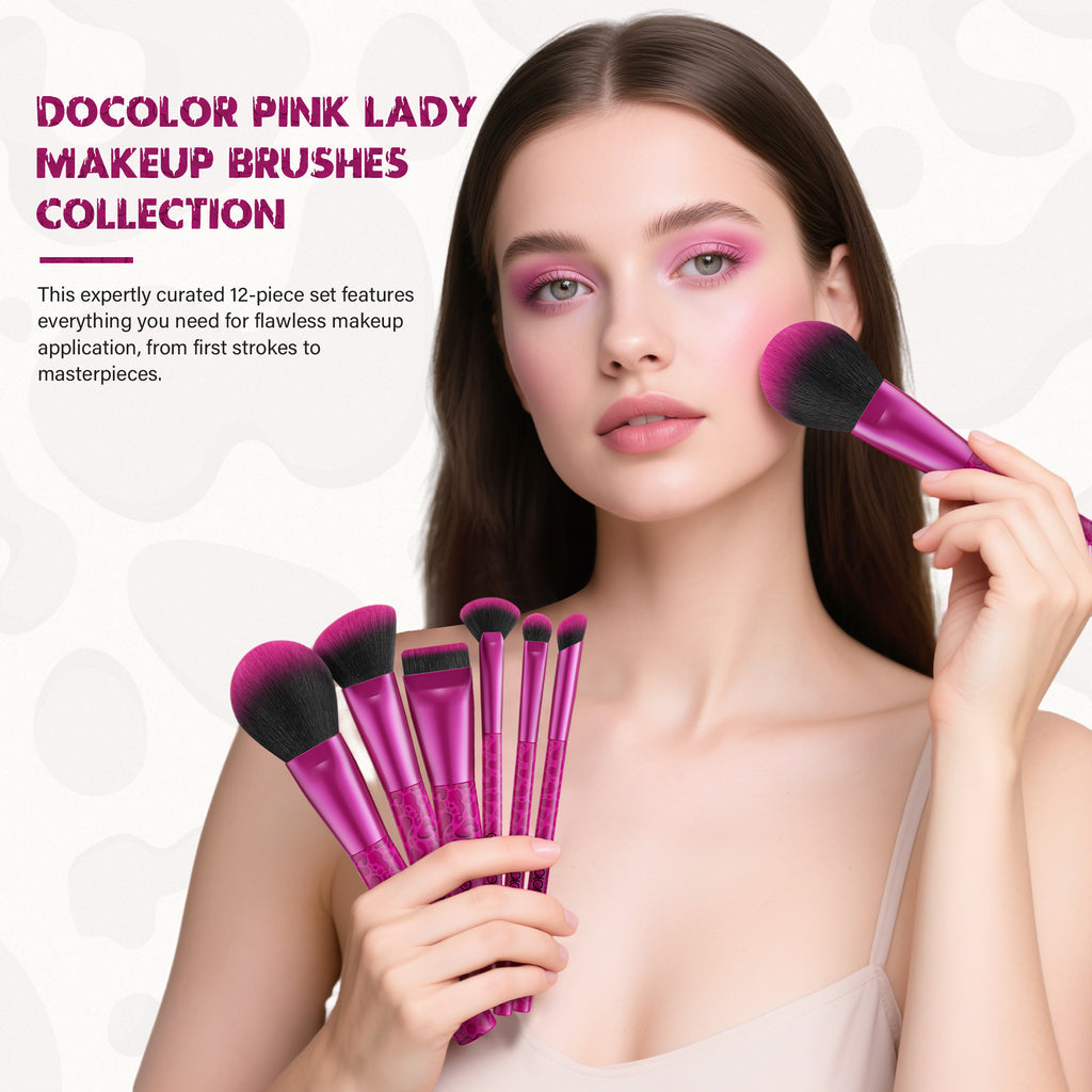 DOCOLOR - Pink Lady Set Pro Brushes de 12 Pièces + Puff