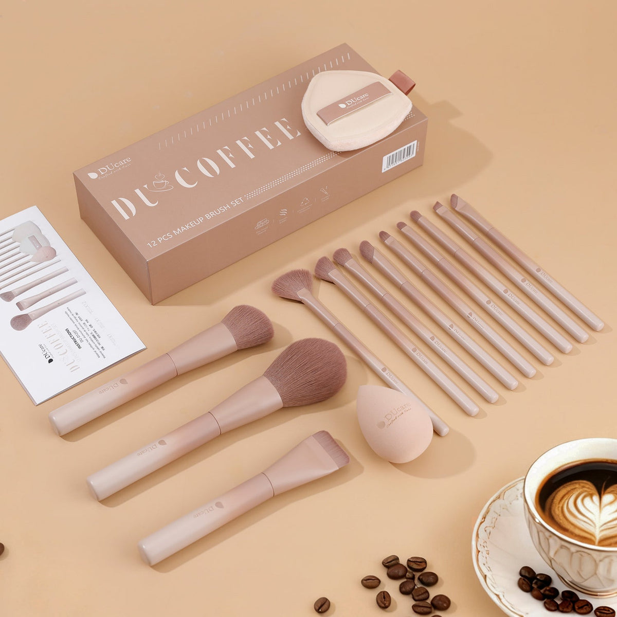 DUCARE - Ensemble de 12 pinceaux de maquillage glamour café ultime + Éponge +  Houppette + Boîte