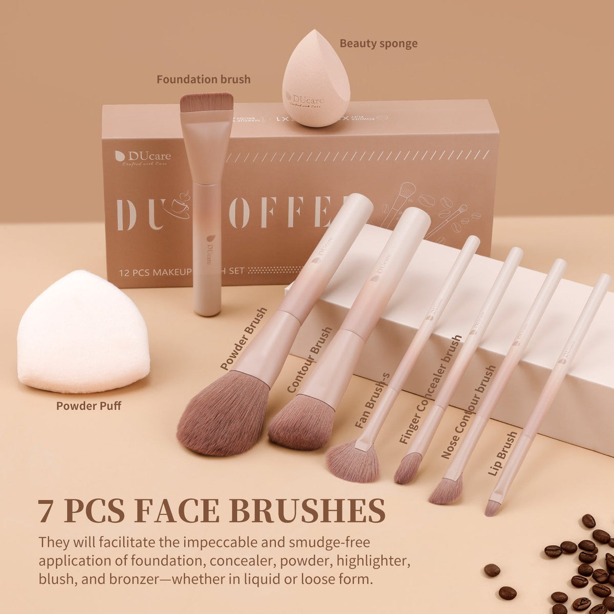 DUCARE - Ensemble de 12 pinceaux de maquillage glamour café ultime + Éponge +  Houppette + Boîte