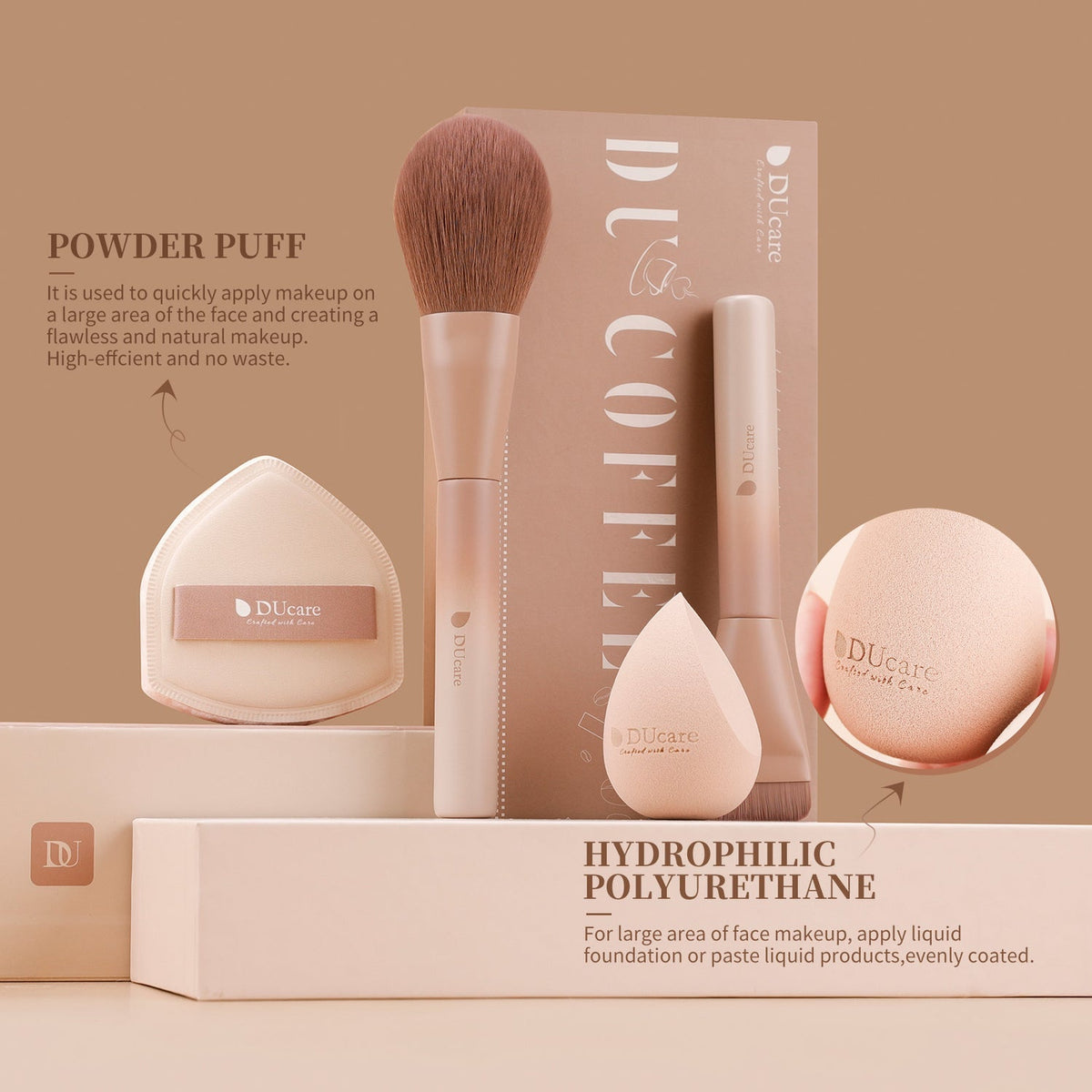 DUCARE - Ensemble de 12 pinceaux de maquillage glamour café ultime + Éponge +  Houppette + Boîte