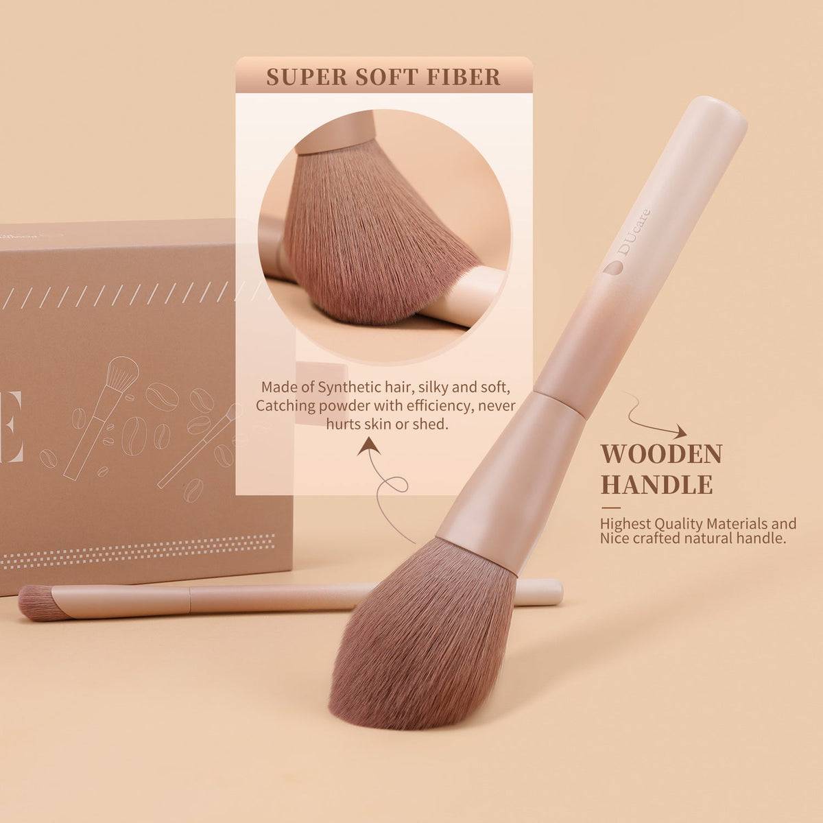 DUCARE - Ensemble de 12 pinceaux de maquillage glamour café ultime + Éponge +  Houppette + Boîte