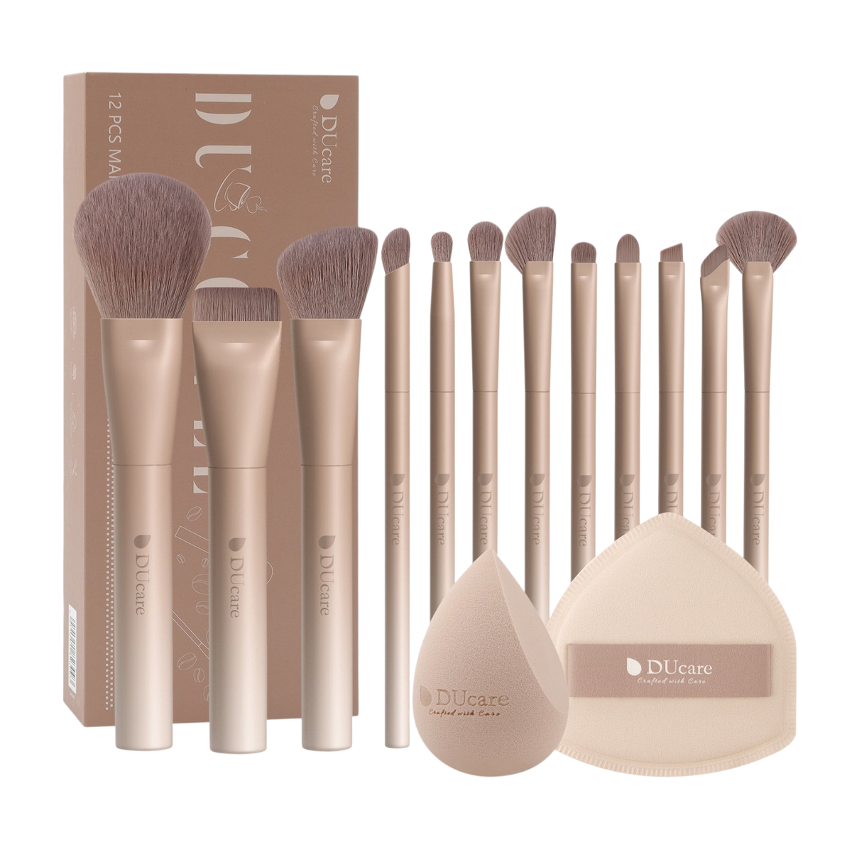 DUCARE - Ensemble de 12 pinceaux de maquillage glamour café ultime + Éponge +  Houppette + Boîte