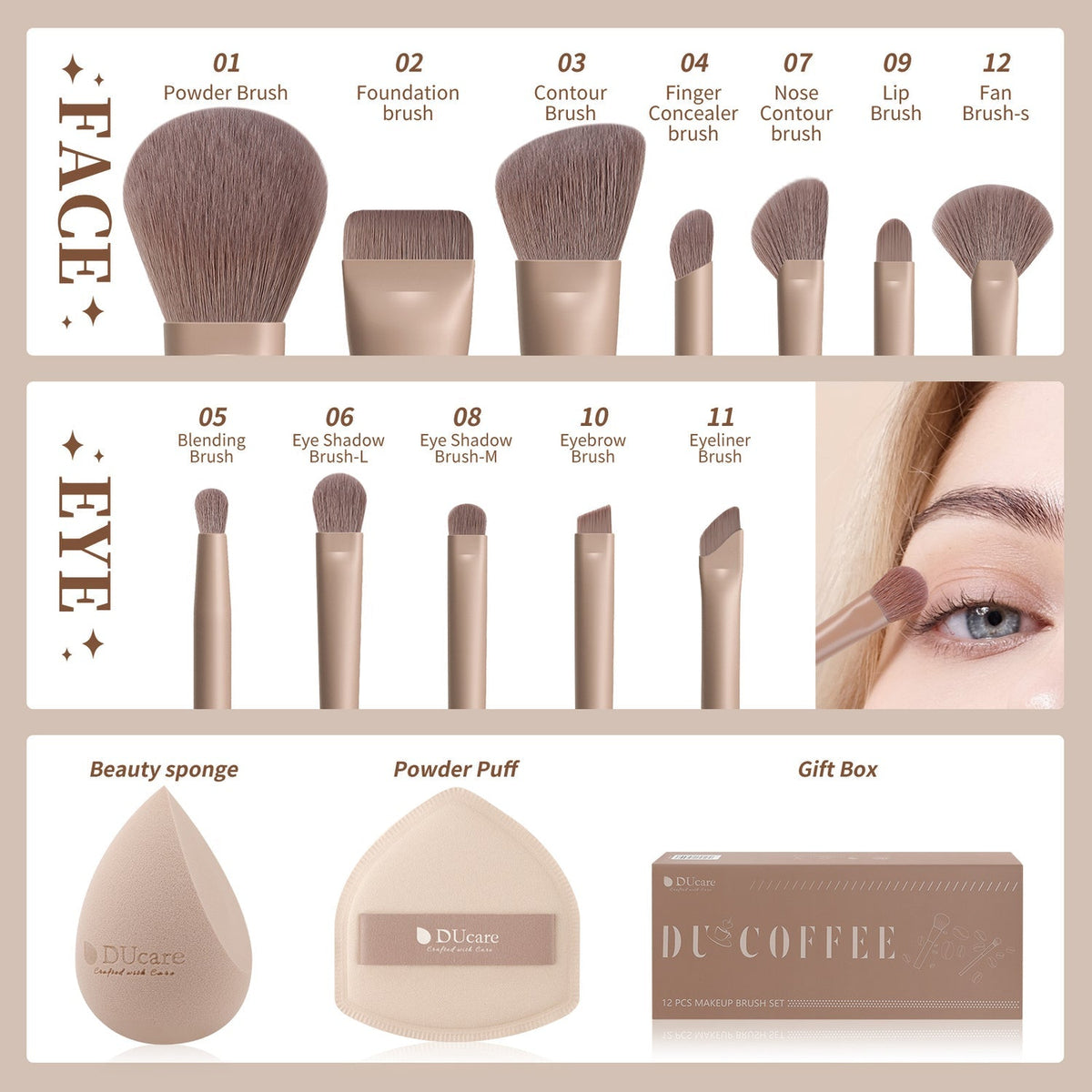 DUCARE - Ensemble de 12 pinceaux de maquillage glamour café ultime + Éponge +  Houppette + Boîte