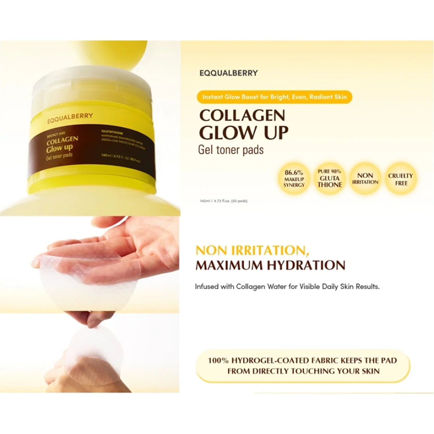 EQQUALBERRY – Collagen Glow Up Gel Toner Pads ( 60pads )