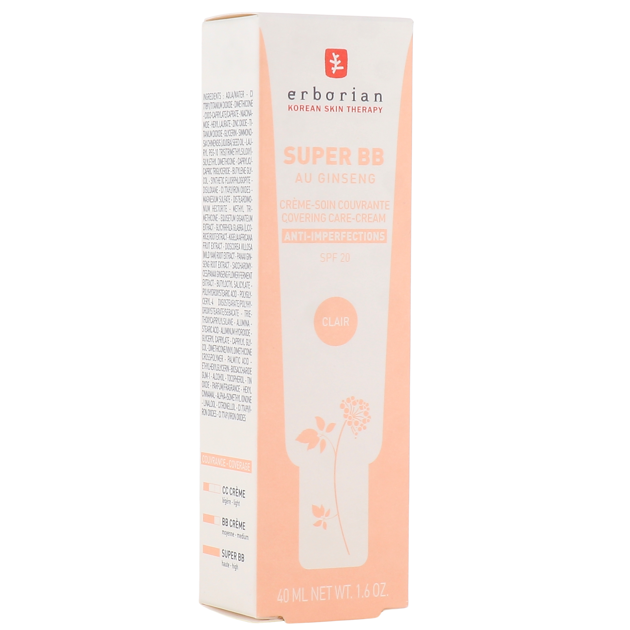 ERBORIAN - Super BB - BB crème couvrante au Ginseng anti-imperfections SPF20 - réf Clair - 40ml