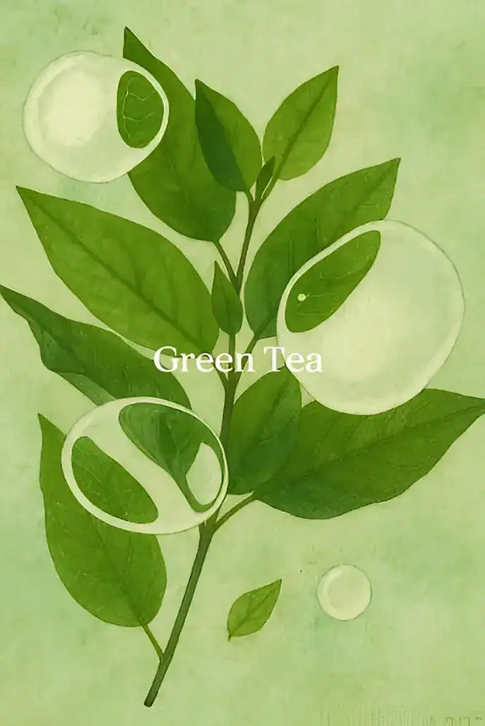 Des feuilles de thé vert illustrées avec des bulles blanches translucides sur un fond vert doux.