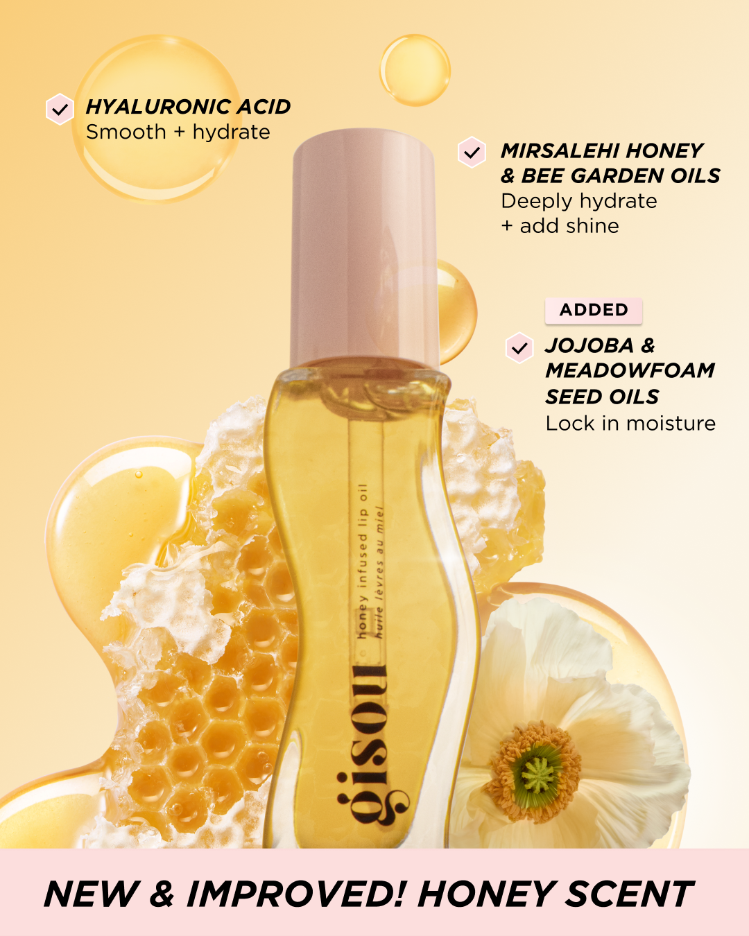 Gisou - Nouvelle Formule - Honey Infused Lip Oil - Huile A Lèvres au Miel - réf Honey Gold 8ml