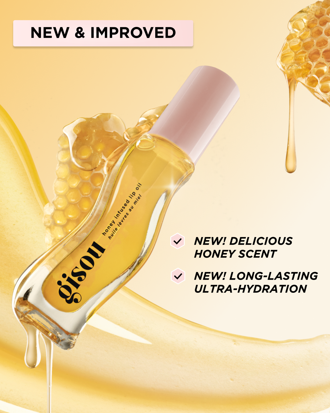 Gisou - Nouvelle Formule - Honey Infused Lip Oil - Huile A Lèvres au Miel - réf Honey Gold 8ml