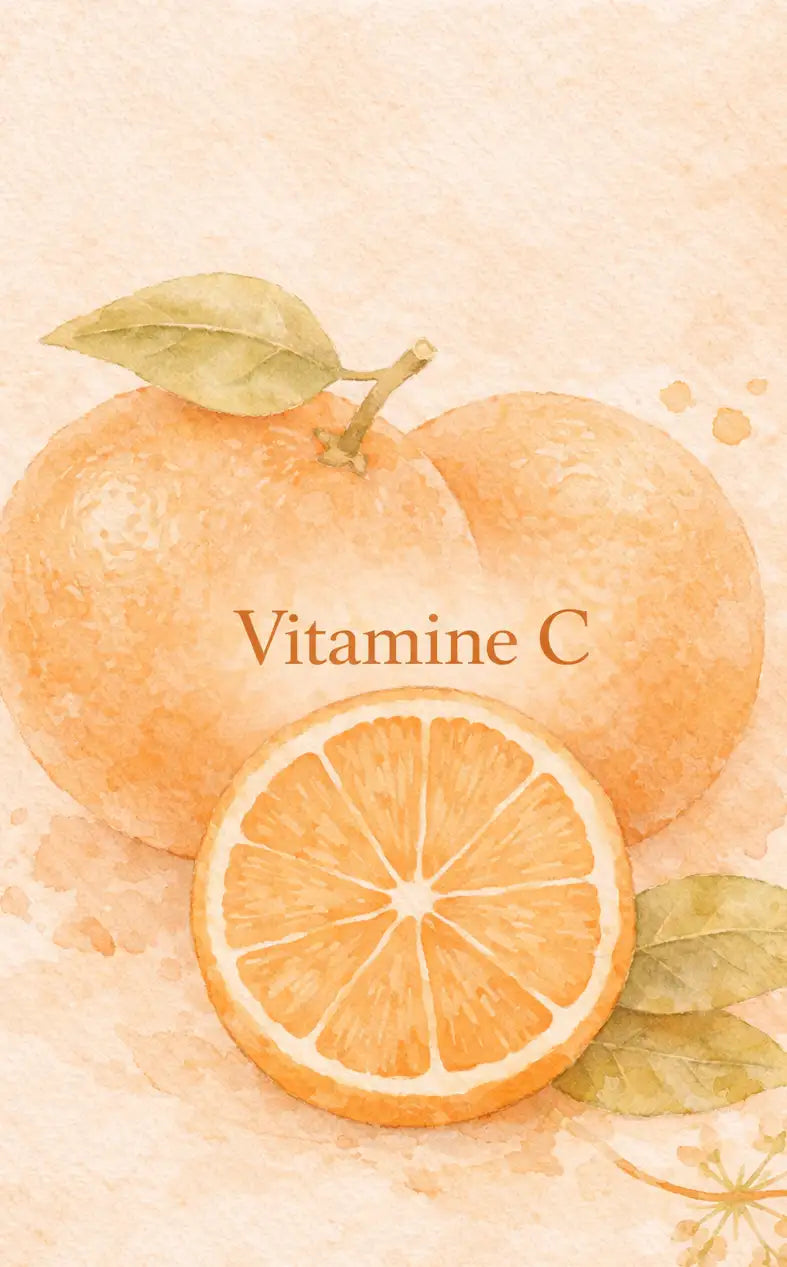 Illustration à l’aquarelle de deux oranges entières et d’une orange tranchée, avec des feuilles vertes attachées aux tiges.