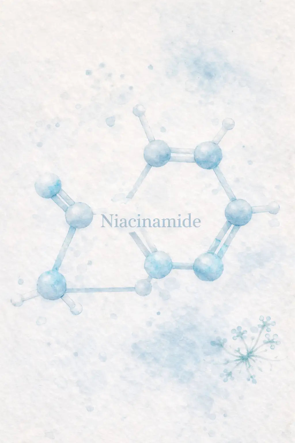 Une illustration délicate à l’aquarelle d’une structure moléculaire de niacinamide dans des tons bleu doux.