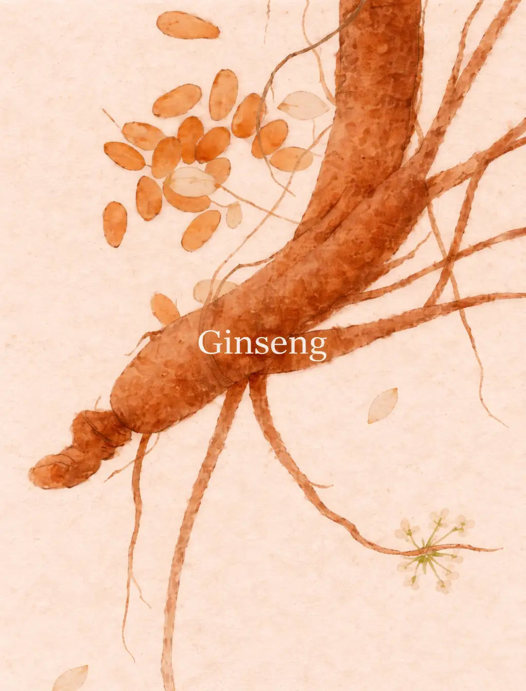 Une illustration détaillée à l’aquarelle d’une racine de ginseng brun avec de délicates vrilles et des graines orange-brun dispersées.