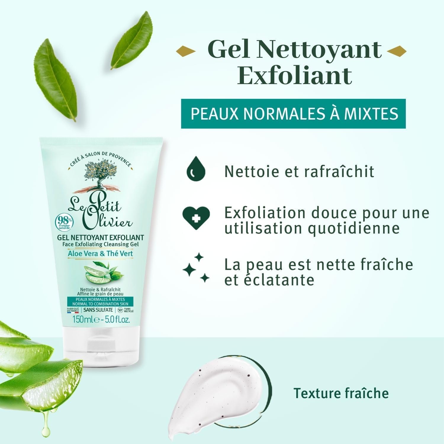 LE PETIT OLIVIER - Gel Nettoyant Exfoliant à l’Aloe Vera & Thé Vert Peau Normales à Mixte - 150ml