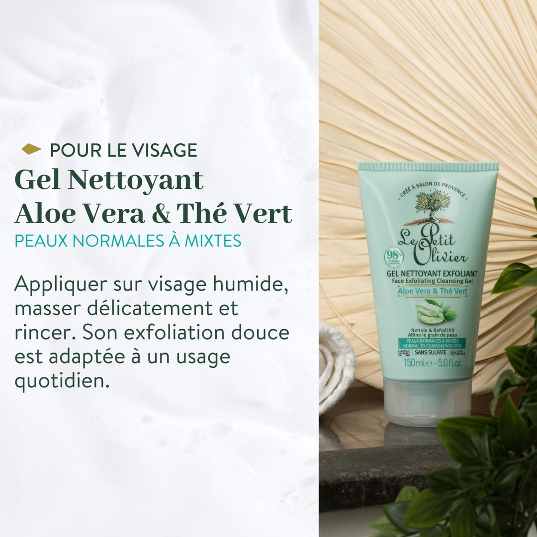 LE PETIT OLIVIER - Gel Nettoyant Exfoliant à l’Aloe Vera & Thé Vert Peau Normales à Mixte - 150ml