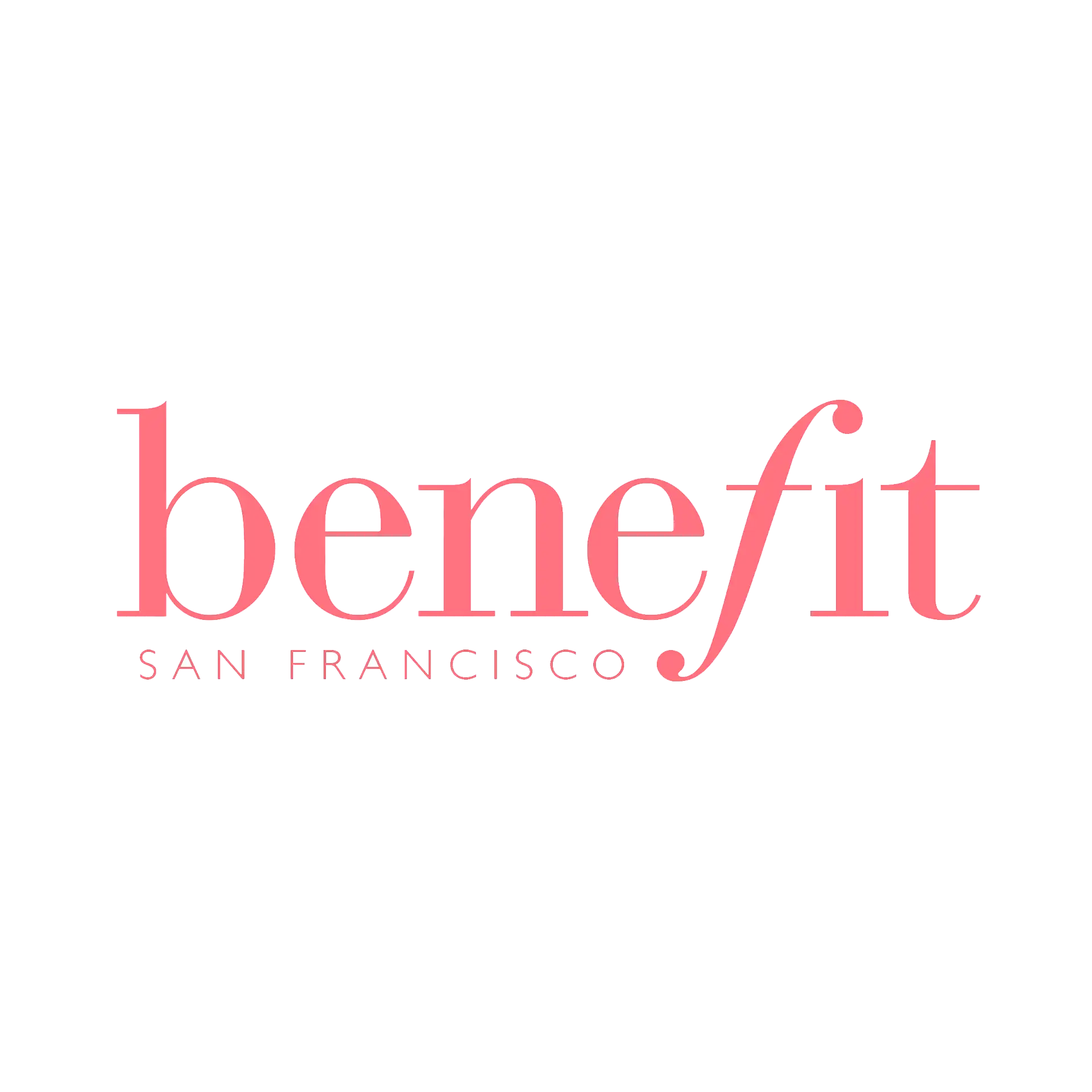 Logo « benefit » rose avec « san francisco » en texte plus petit en dessous.