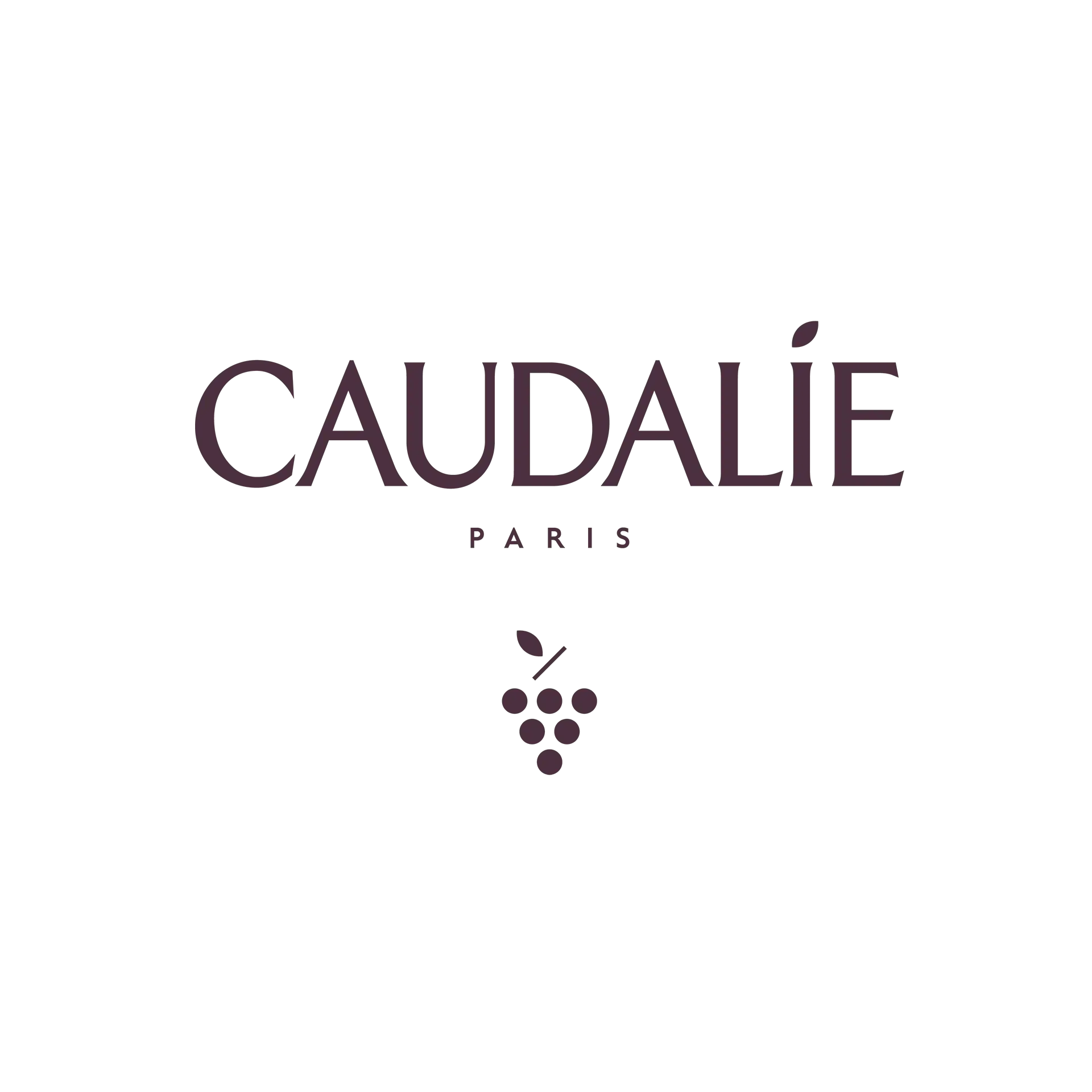 Logo Caudalie en police pixelisée violet foncé avec une icône de raisin stylisée sous le texte.