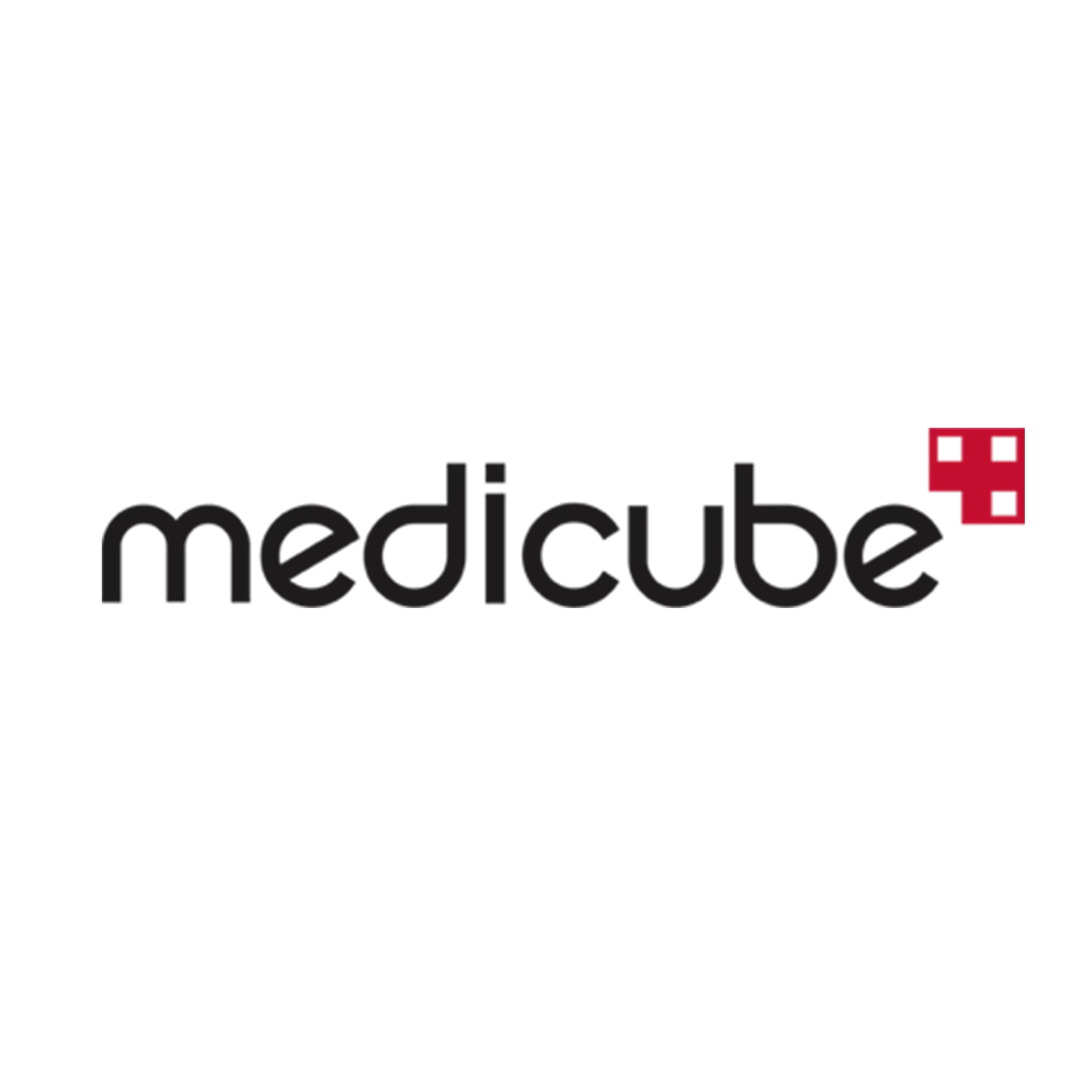 Logo « medcube » noir avec un carré rouge contenant le chiffre 8 à sa droite.
