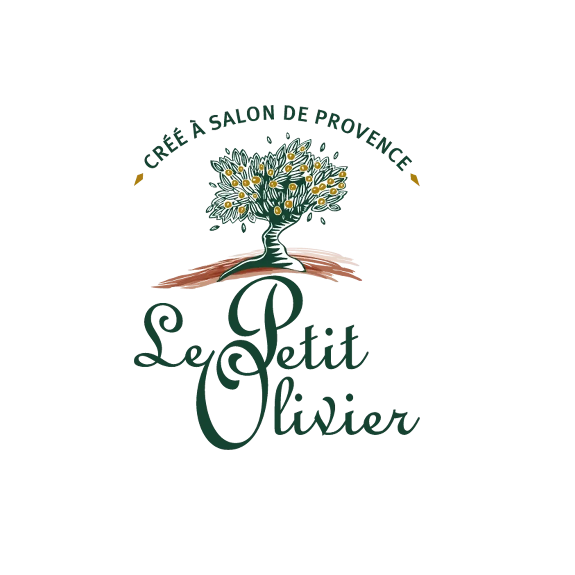 Le logo de La Petite Olivier présente un olivier stylisé aux fleurs blanches et aux feuilles vertes, sur fond noir.