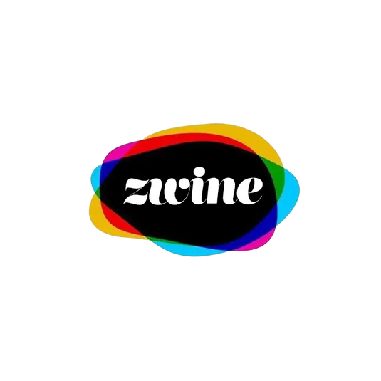 Le logo zwine présente le nom de la marque en lettrage cursif blanc, centré dans une ellipse noire, entouré de bandes translucides se chevauchant de couleurs arc-en-ciel.