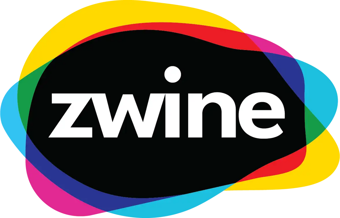 Le logo zwine présente le nom de la marque en lettres blanches grasses sur un ovale noir, entouré de bandes vibrantes et ondulantes aux couleurs de l’arc-en-ciel.