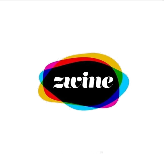Le logo « zwine » présente le nom de la marque en lettres cursives blanches sur un fond noir, entouré de bandes aux couleurs de l’arc-en-ciel qui se chevauchent.