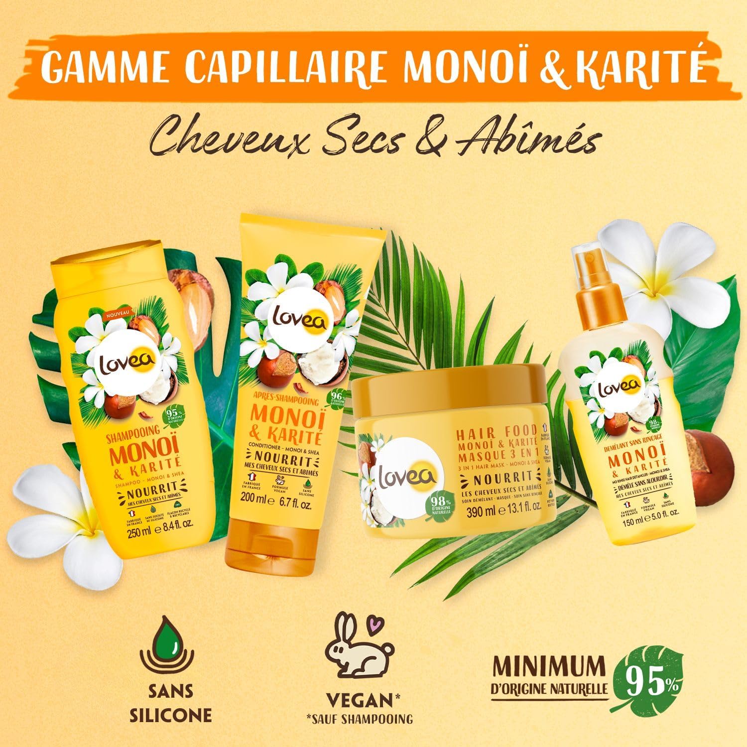 LOVEA - Spray Démêlant Monoi, Karité & Shea - Cheveux Secs et Abîmés - 150ml