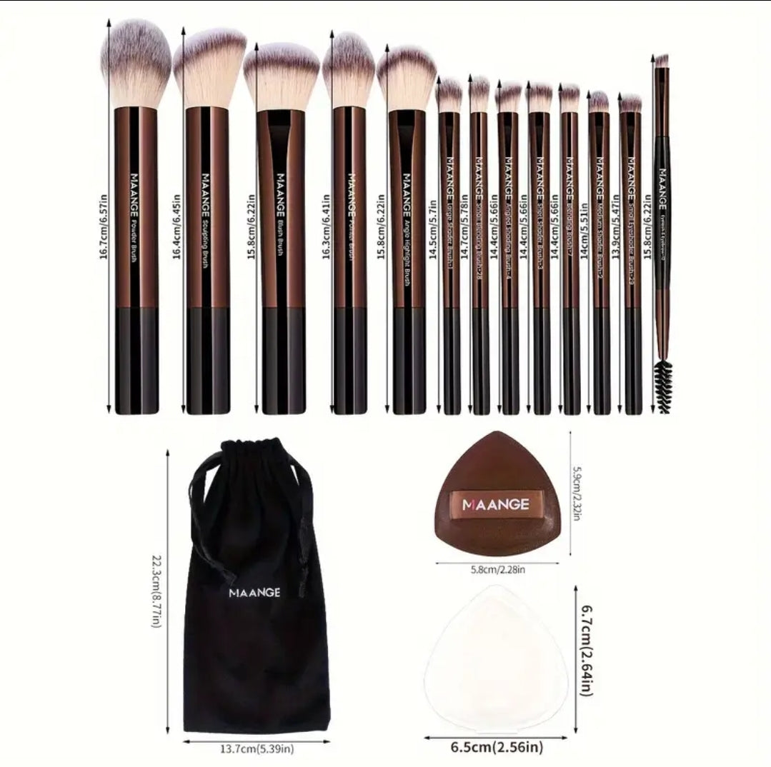 MAANGE - Ensemble de 13 pinceaux de maquillage Premium + Sac + 2 Puff