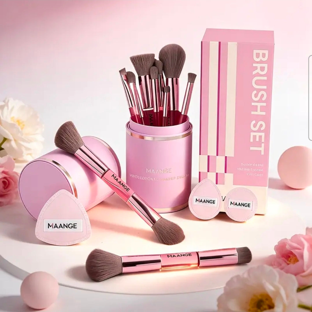 MAANGE - Ensemble de pinceaux de maquillage Rose Gold 13 pièces + Support + 3 Puff