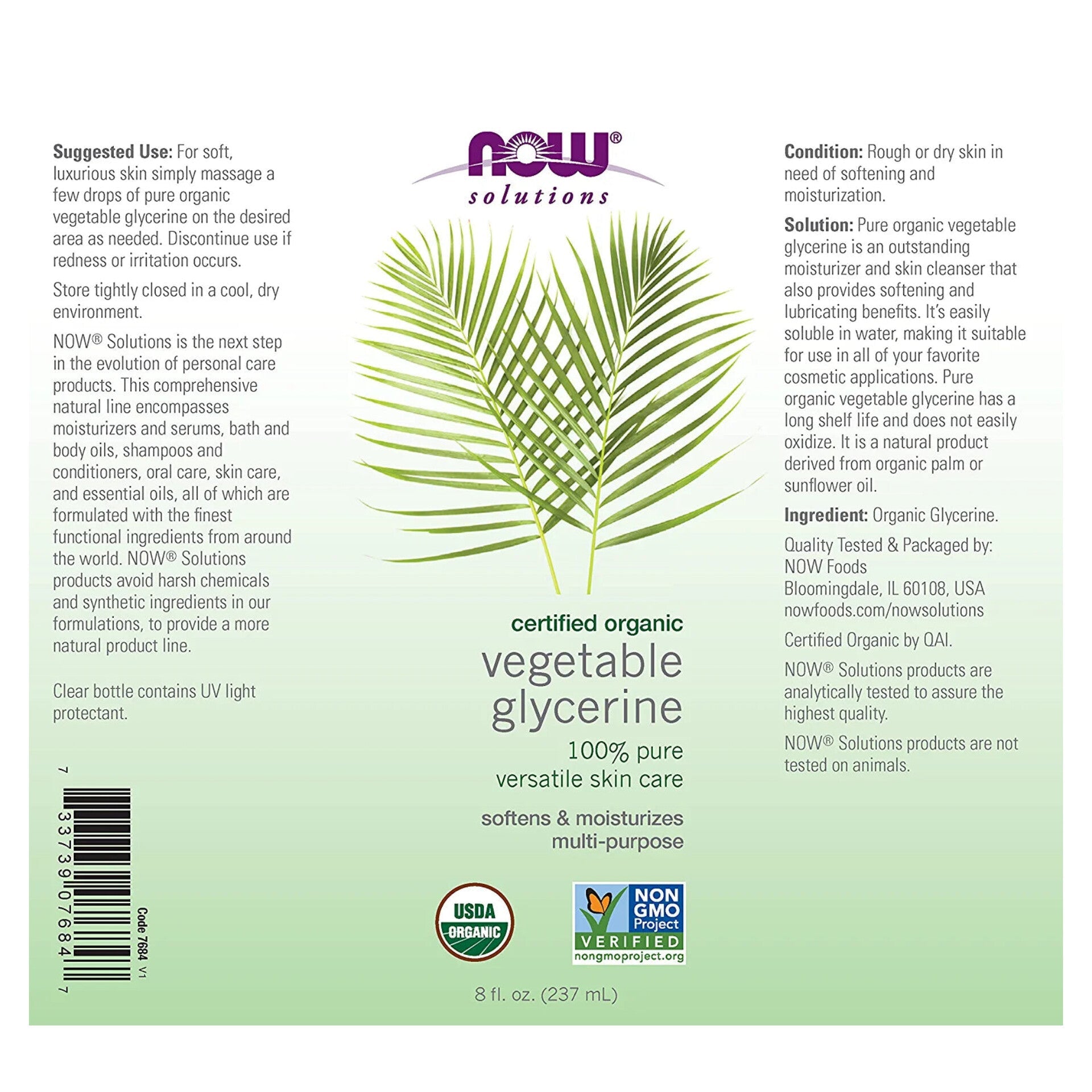 NOW SOLUTIONS - Glycérine Végétale 100% Pure et Naturelle - 118ml
