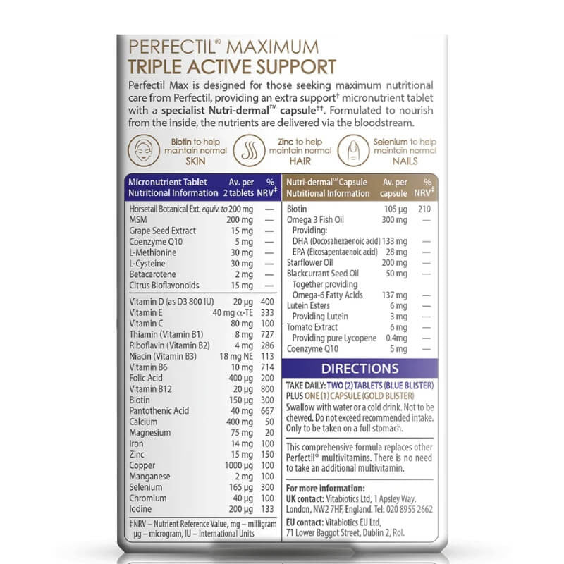 PERFECTIL - Maximum Support Vitabiotics Perfectil Max pour la Peau, les Cheveux et les Ongles - 56 comprimés / 28 capsules