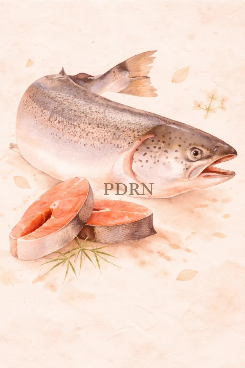 Un saumon entier, frais, au corps gris argenté et aux taches sombres repose à côté de deux filets de poisson orange vibrants sur une surface beige douce.
