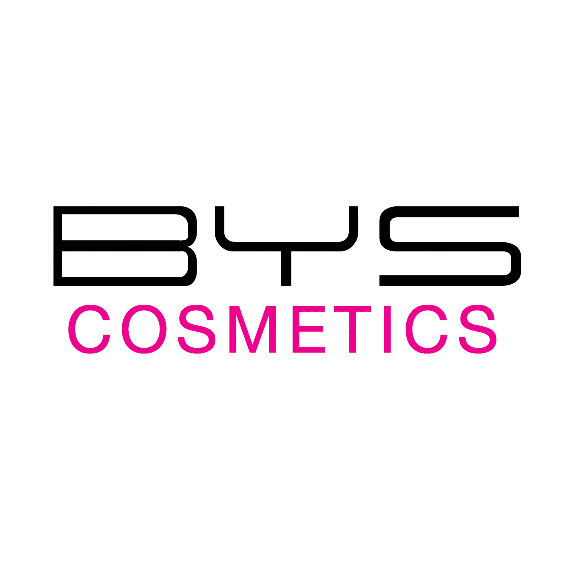 Texte du logo « cosmétiques » rose sur un fond noir.