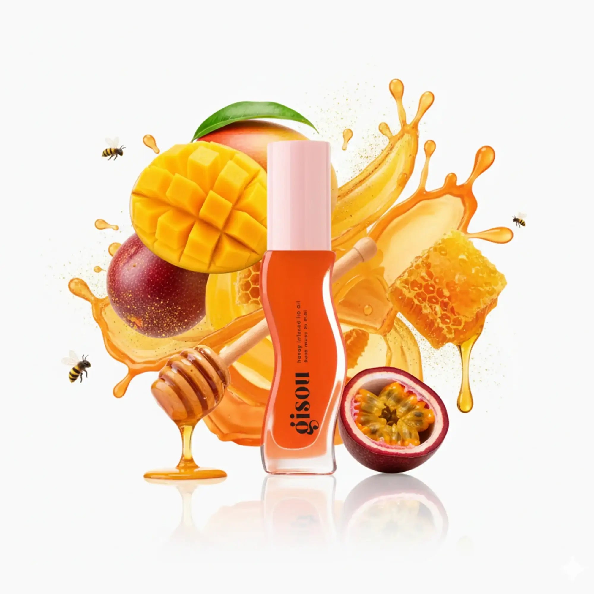 Un tube élégant de gloss pour les lèvres orange transparent, avec un capuchon rose pâle et le nom de marque « gison » imprimé verticalement en noir.